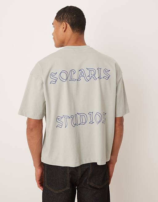 ASOS DESIGN boxy oversized t-shirt with front and back text graphic in light grey