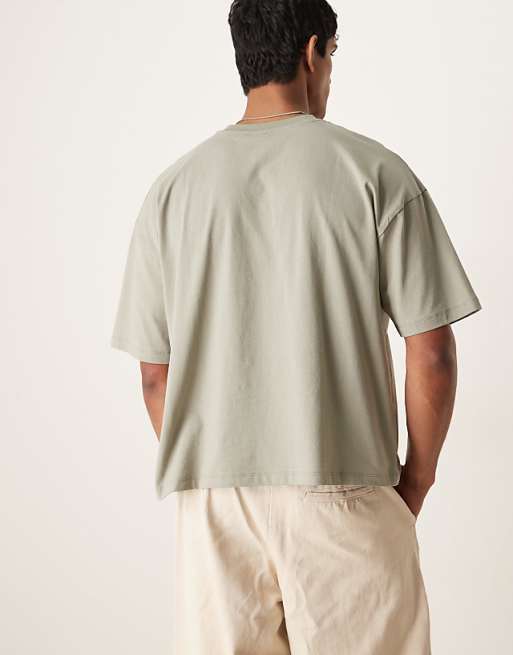 ASOS DESIGN Boxy Oversized T-shirt With Front Chest Graphic In Grey Green