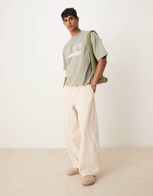 ASOS DESIGN Boxy Oversized T-shirt With Front Chest Graphic In Grey Green