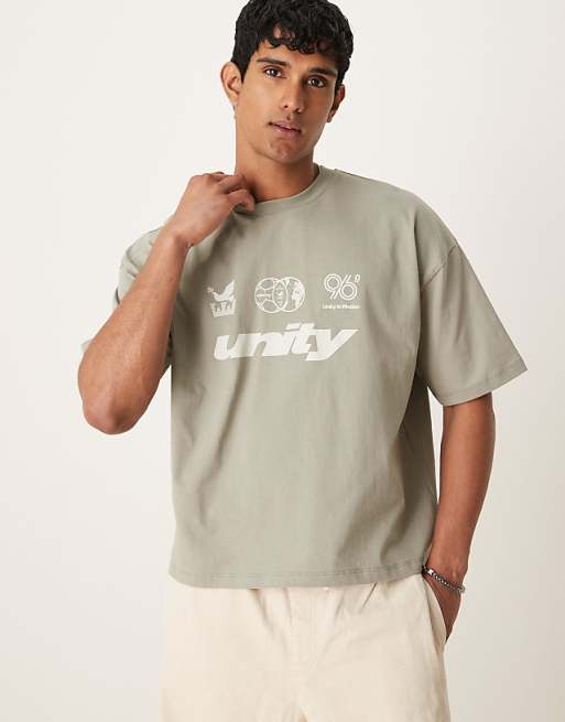 ASOS DESIGN boxy oversized t-shirt with front chest graphic in grey green