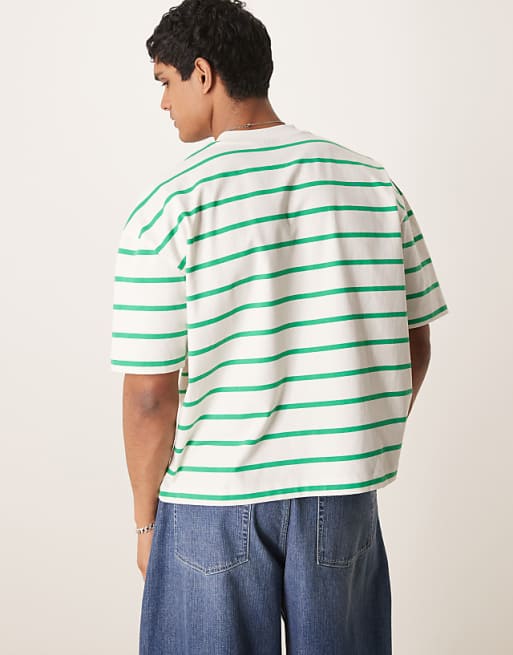 ASOS DESIGN Boxy Oversized T-shirt With Logo Embroidery In Green And White Stripe