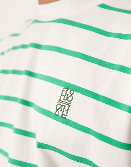ASOS DESIGN Boxy Oversized T-shirt With Logo Embroidery In Green And White Stripe