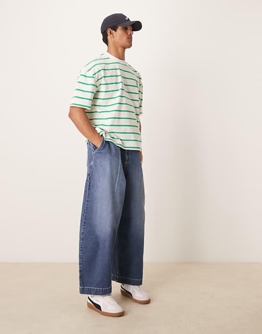 ASOS DESIGN Boxy Oversized T-shirt With Logo Embroidery In Green And White Stripe