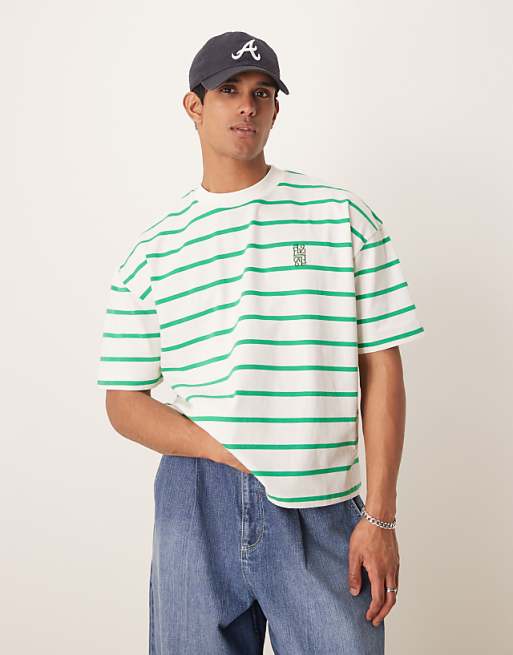 ASOS DESIGN boxy oversized t-shirt with logo embroidery in green and white stripe