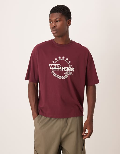 ASOS DESIGN boxy oversized t-shirt with New York graphic in burgundy