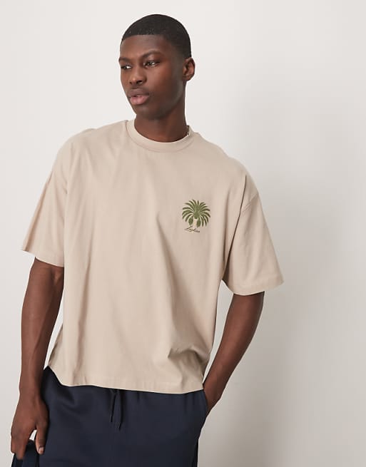 ASOS DESIGN Boxy Oversized T-shirt With Palm Graphic In Beige