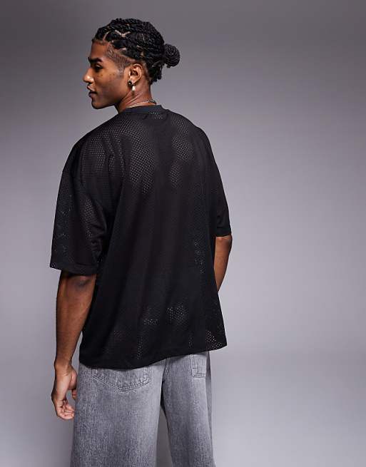 ASOS DESIGN Boxy Oversized T-shirt With Piping Detail And Number Graphic In Black Airtex