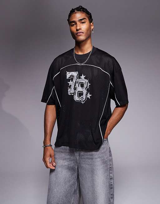 ASOS DESIGN boxy oversized t-shirt with piping detail and number graphic in black airtex