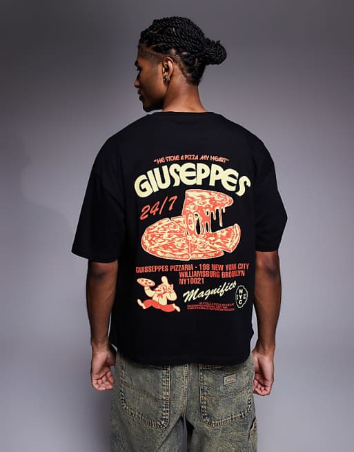 ASOS DESIGN boxy oversized t-shirt with pizza graphic in black