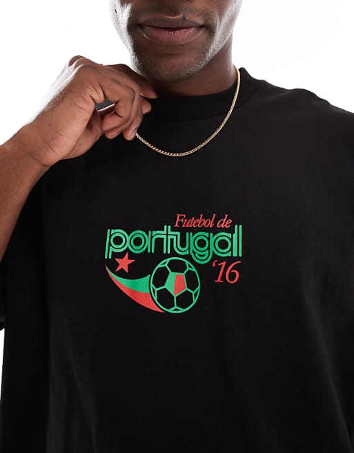 ASOS DESIGN Boxy Oversized T-shirt With Portugal Sports Graphic In Black