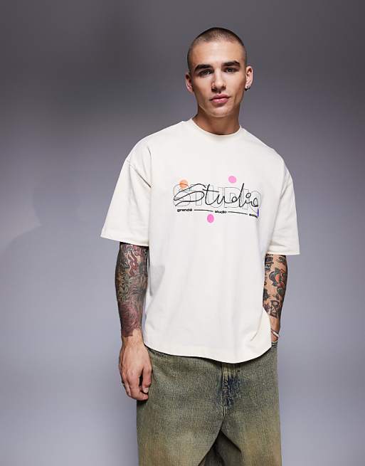 ASOS DESIGN Boxy Oversized T-shirt With Puff Text Graphic In Buttermilk