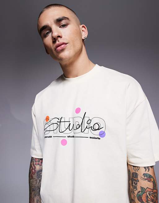 ASOS DESIGN boxy oversized t-shirt with puff text graphic in buttermilk