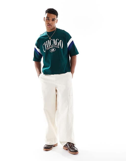 ASOS DESIGN Boxy Oversized T-shirt With Sport Graphic And Sleeve Panel In Green