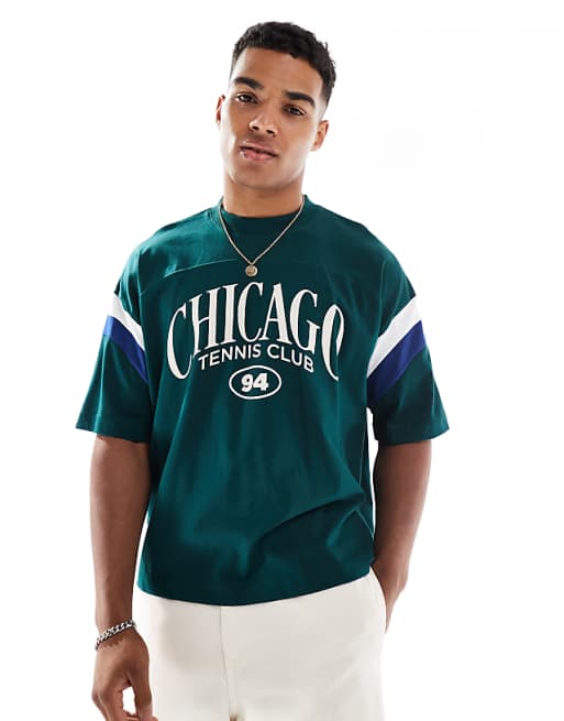 ASOS DESIGN boxy oversized t-shirt with sport graphic and sleeve panel in green