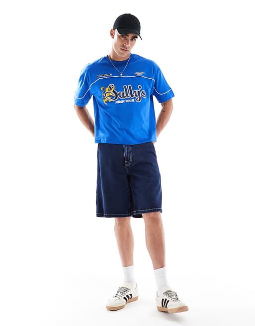 ASOS DESIGN Boxy Oversized T-shirt With Sports Graphic In Blue