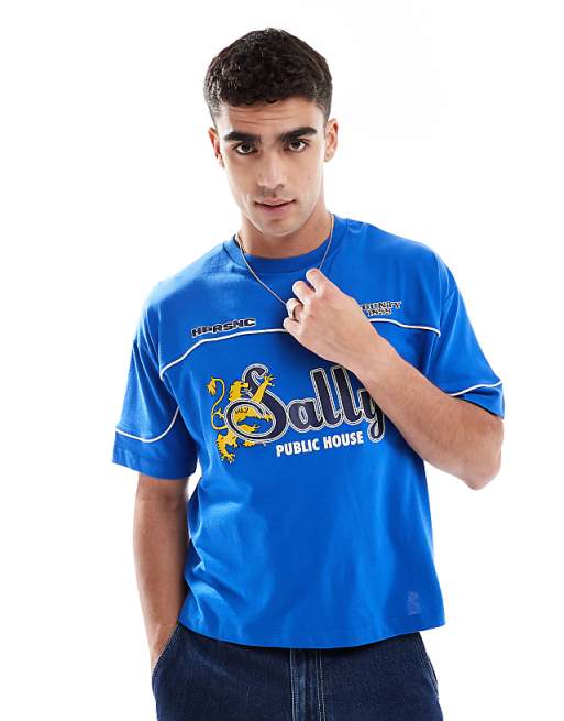 ASOS DESIGN boxy oversized t-shirt with sports graphic in blue