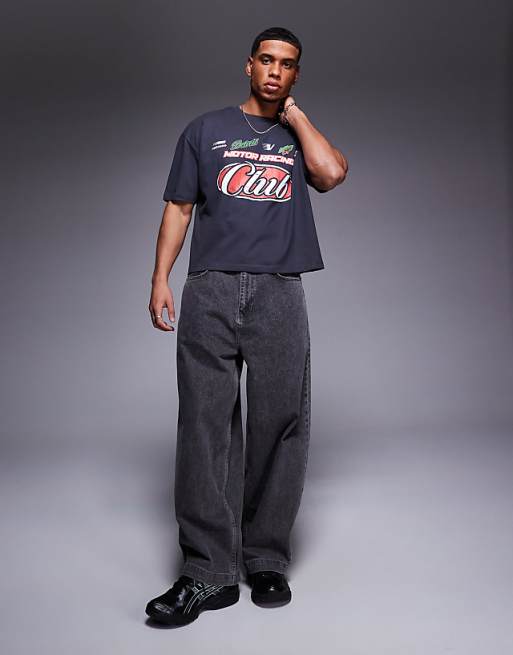 ASOS DESIGN Boxy Oversized T-shirt With Sports Graphic In Charcoal