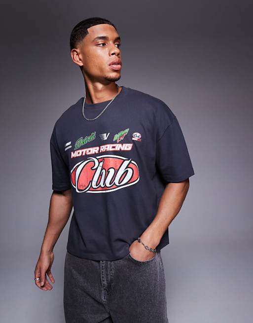 ASOS DESIGN boxy oversized t-shirt with sports graphic in charcoal