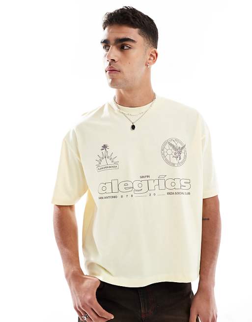 ASOS DESIGN boxy oversized t-shirt with sports graphic in heavyweight 240gsm buttercream