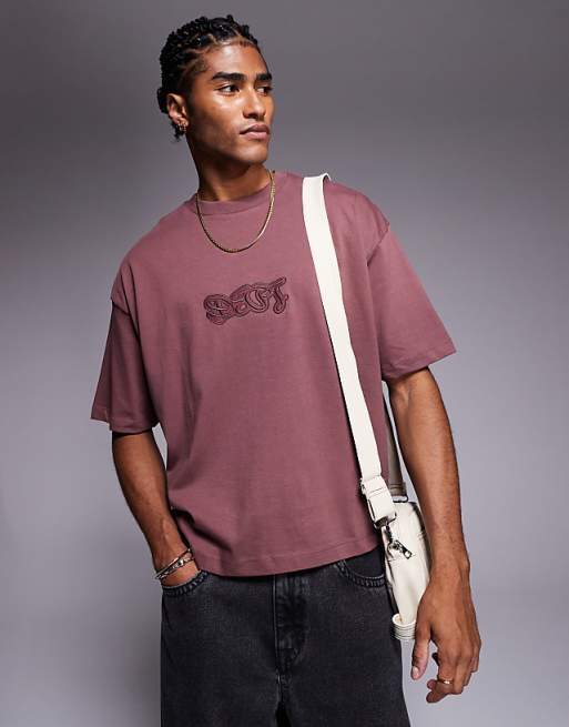 ASOS DESIGN boxy oversized t-shirt with text graphic in brown