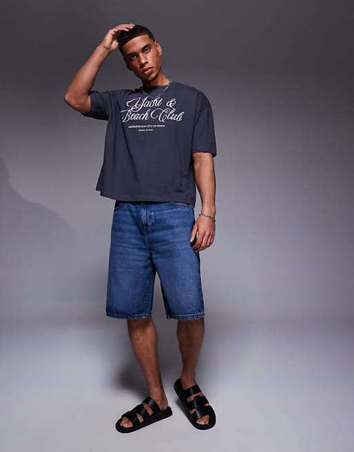 ASOS DESIGN Boxy Oversized T-shirt With Text Graphic In Charcoal