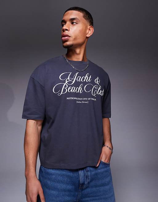 ASOS DESIGN boxy oversized t-shirt with text graphic in charcoal