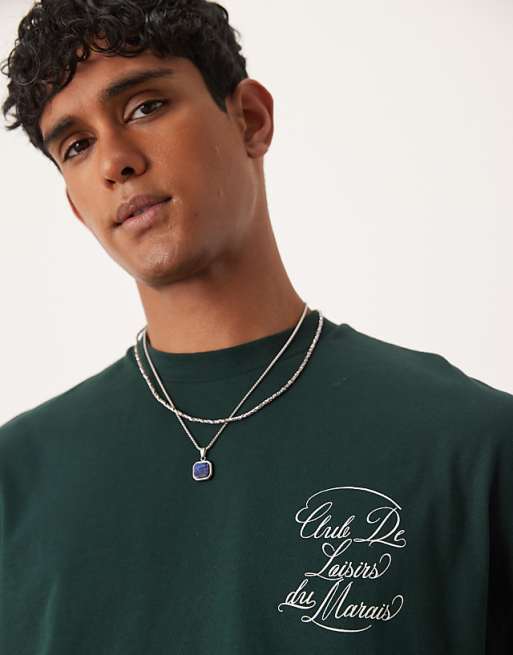 ASOS DESIGN Boxy Oversized T-shirt With Text Graphic In Dark Green