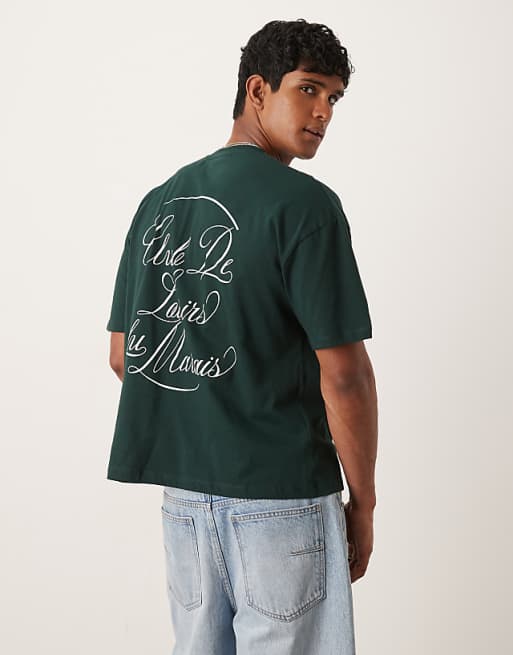 ASOS DESIGN boxy oversized t-shirt with text graphic in dark green