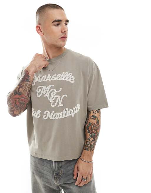 ASOS DESIGN boxy oversized t-shirt with text puff print in brown
