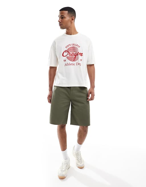 ASOS DESIGN Boxy Oversized T-shirt With Varsity Graphic In Off White