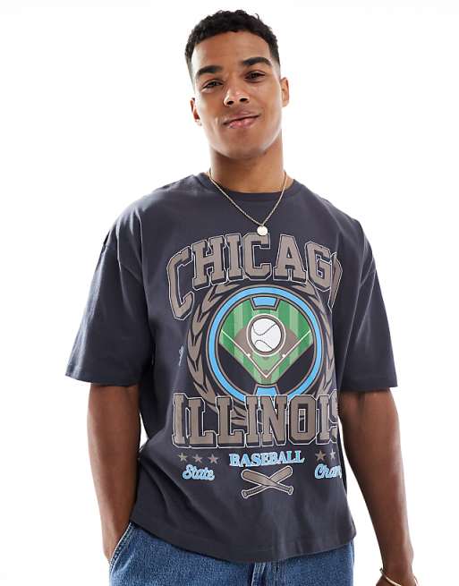 ASOS DESIGN boxy oversized t-shirt with varsity graphic in washed black