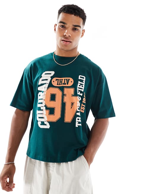 ASOS DESIGN boxy oversized t-shirt with varsity graphic in green