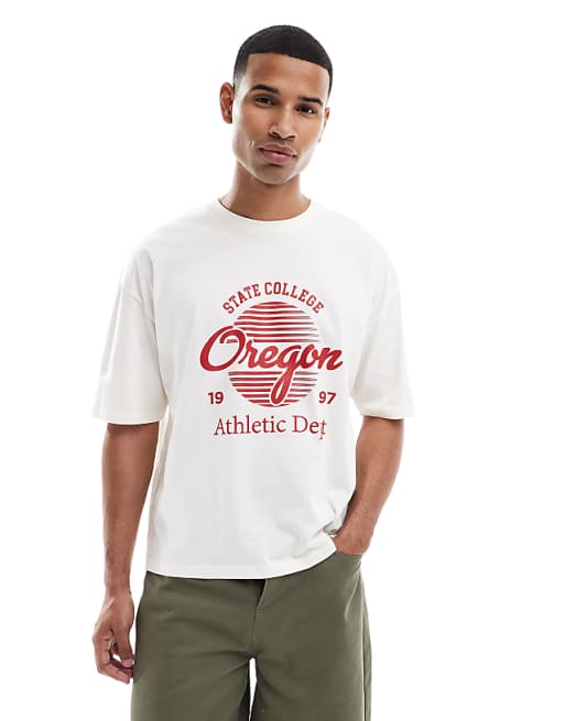 ASOS DESIGN boxy oversized t-shirt with varsity graphic in off white