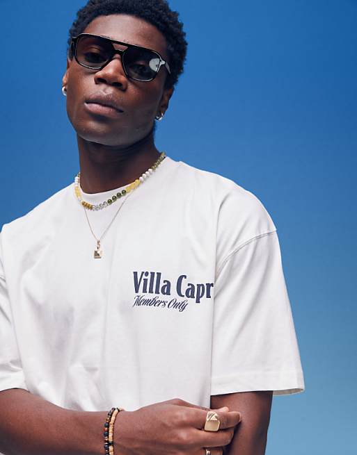 ASOS DESIGN Boxy Oversized T-shirt With Villa Graphic In Cream