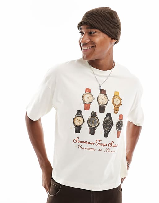 ASOS DESIGN boxy oversized t-shirt with watches graphic in off white