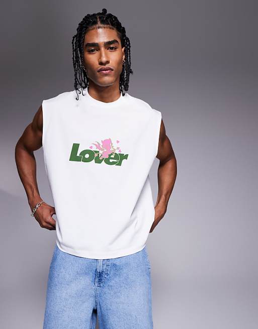 ASOS DESIGN boxy oversized tank with text graphic in white