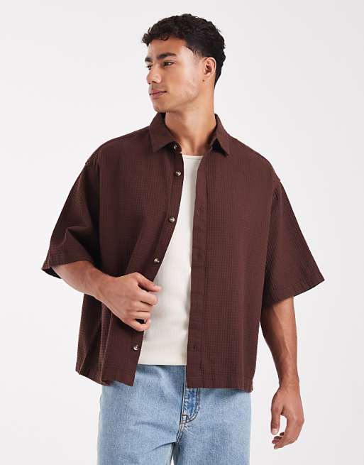 ASOS DESIGN boxy oversized textured shirt in brown