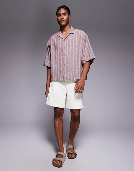 ASOS DESIGN Boxy Oversized Textured Shirt In Burgundy Stripe