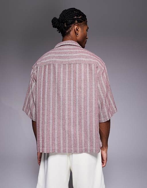 ASOS DESIGN Boxy Oversized Textured Shirt In Burgundy Stripe