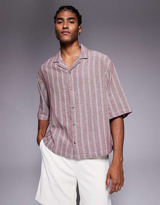 ASOS DESIGN boxy oversized textured shirt in burgundy stripe