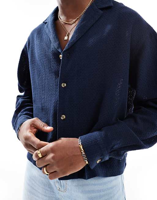 ASOS DESIGN Boxy Oversized Textured Shirt In Navy