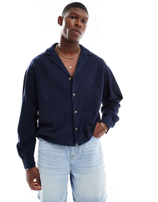 ASOS DESIGN boxy oversized textured shirt in navy