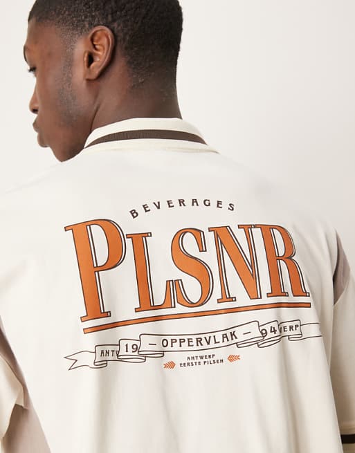 ASOS DESIGN Boxy Oversized Zipped Polo With Cut And Sew Panelling And Text Graphic In Cream