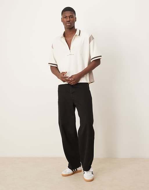 ASOS DESIGN Boxy Oversized Zipped Polo With Cut And Sew Panelling And Text Graphic In Cream