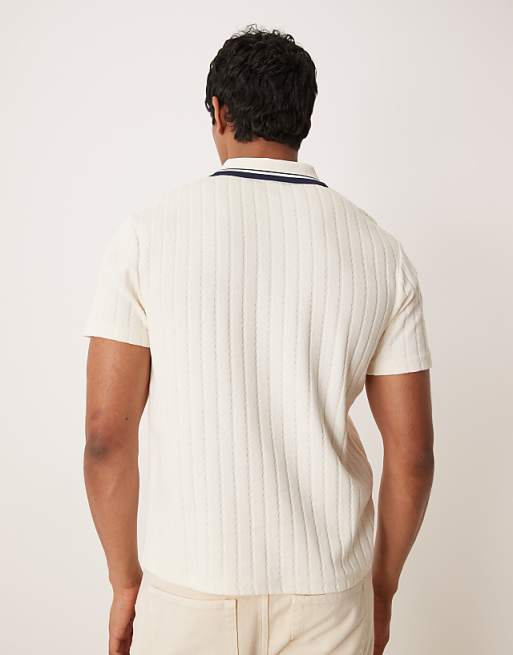 ASOS DESIGN Boxy Polo With Tipped Collar In Beige Knitted Rib
