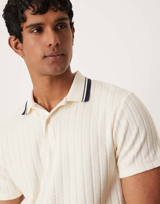 ASOS DESIGN Boxy Polo With Tipped Collar In Beige Knitted Rib