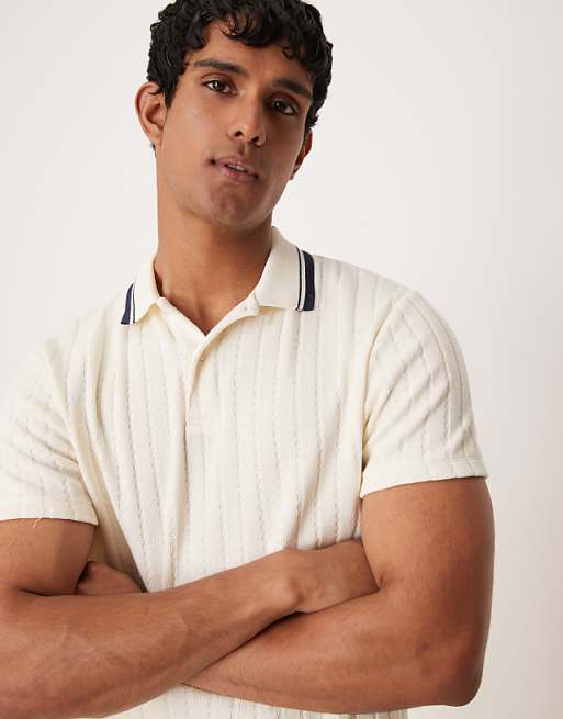 ASOS DESIGN boxy polo with tipped collar in beige knitted rib