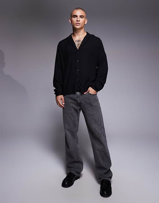 ASOS DESIGN Boxy Regular Fit Shirt With Low Revere Collar In Black