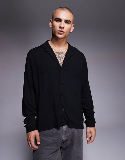 ASOS DESIGN boxy regular fit shirt with low revere collar in black