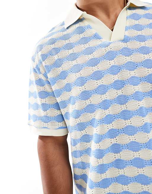 ASOS DESIGN Boxy Relaxed Heavyweight Polo In Blue And White Textured Stripe